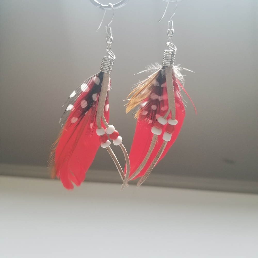 Red Feather Tassel Earring with Beads